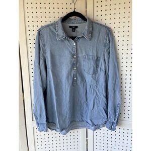 GAP Women's M Blue Chambray 1/2 Button Popover Denim Shirt Long SLV Lyocell